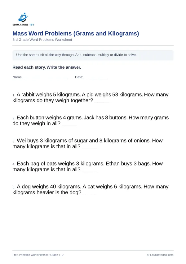 Mass Word Problems (Grams and Kilograms) worksheet 7 — 3rd Grade