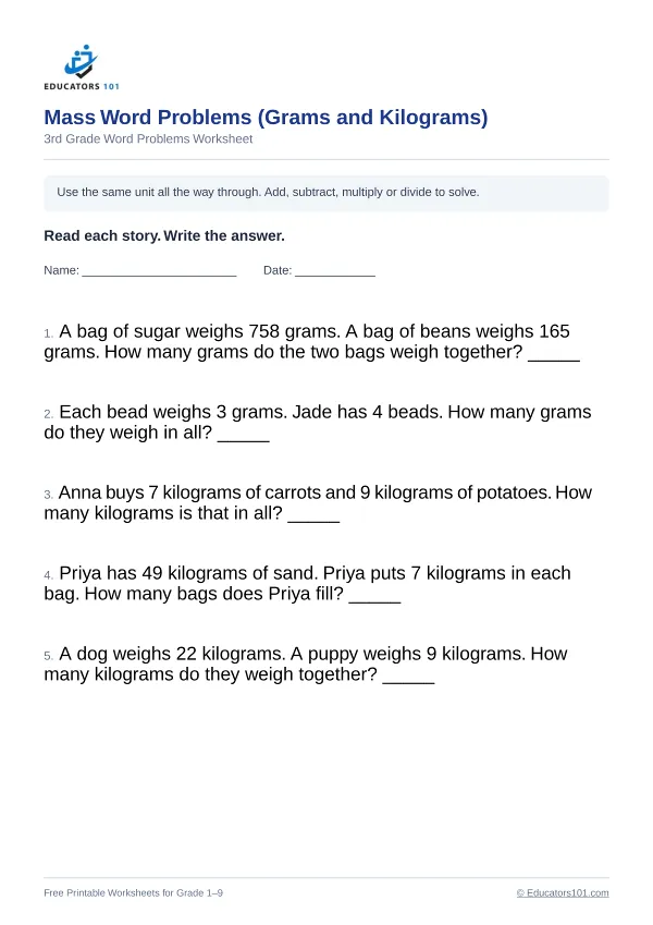Mass Word Problems (Grams and Kilograms) worksheet 8 — 3rd Grade