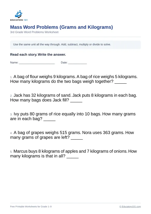 Mass Word Problems (Grams and Kilograms) worksheet 10 — 3rd Grade