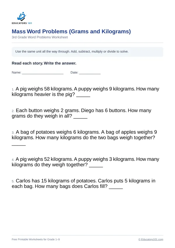 Mass Word Problems (Grams and Kilograms) worksheet 11 — 3rd Grade