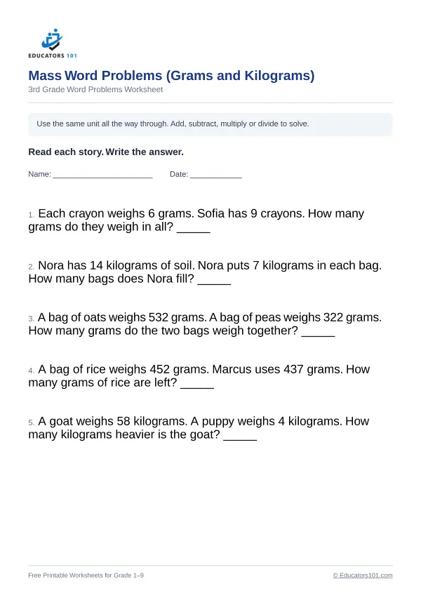 Mass Word Problems (Grams and Kilograms) worksheet 12 — 3rd Grade