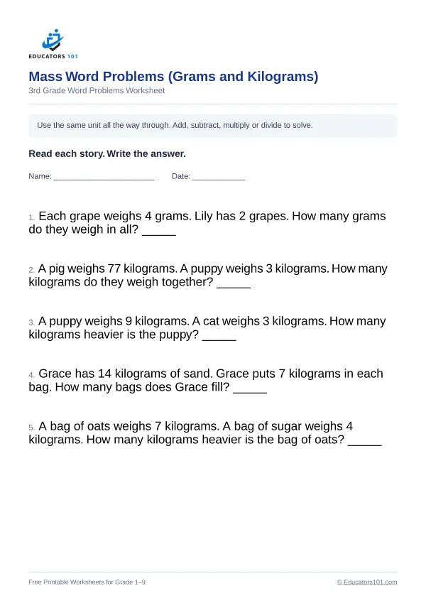 Mass Word Problems (Grams and Kilograms) worksheet 13 — 3rd Grade