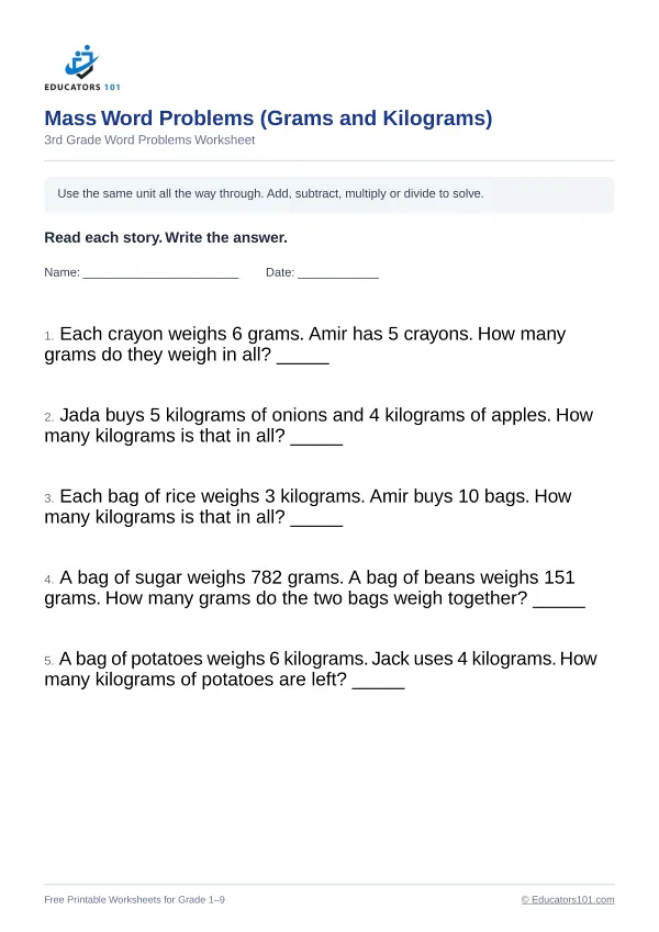 Mass Word Problems (Grams and Kilograms) worksheet 14 — 3rd Grade