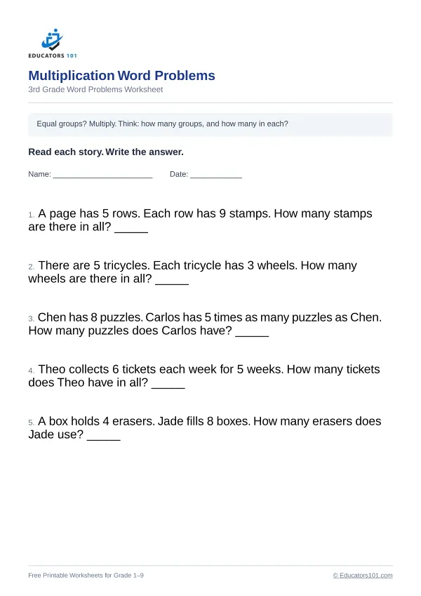 Multiplication Word Problems worksheet 1 — 3rd Grade