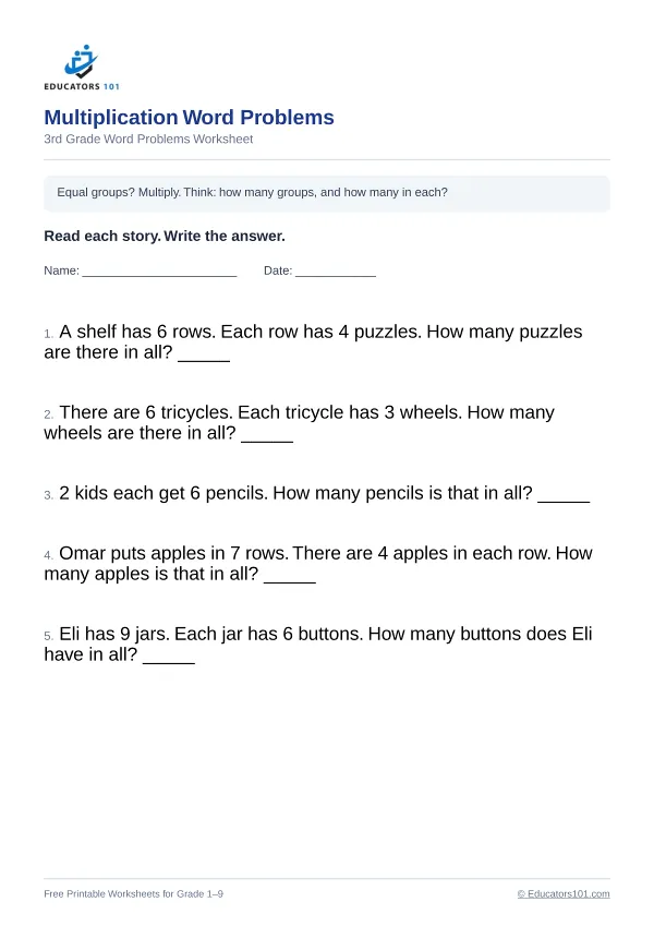 Multiplication Word Problems worksheet 2 — 3rd Grade