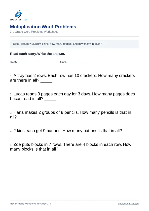Multiplication Word Problems worksheet 3 — 3rd Grade
