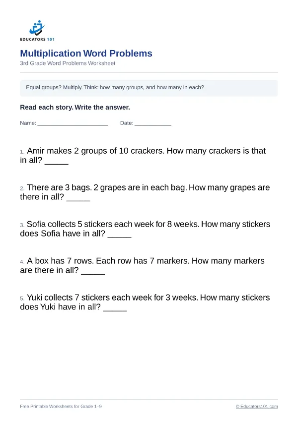 Multiplication Word Problems worksheet 4 — 3rd Grade