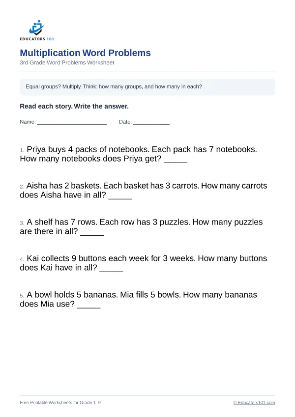 Multiplication Word Problems worksheet 5 — 3rd Grade
