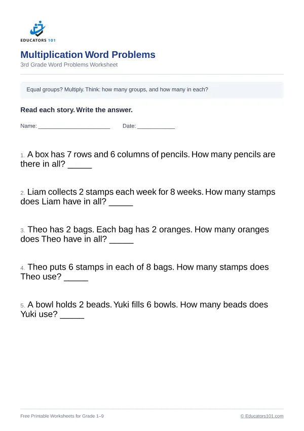 Multiplication Word Problems worksheet 6 — 3rd Grade