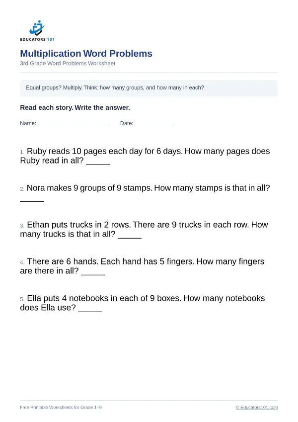 Multiplication Word Problems worksheet 7 — 3rd Grade