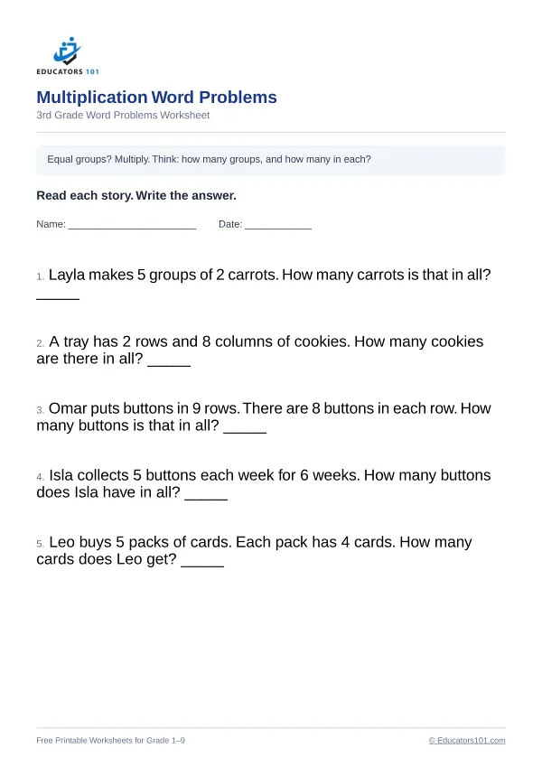 Multiplication Word Problems worksheet 8 — 3rd Grade