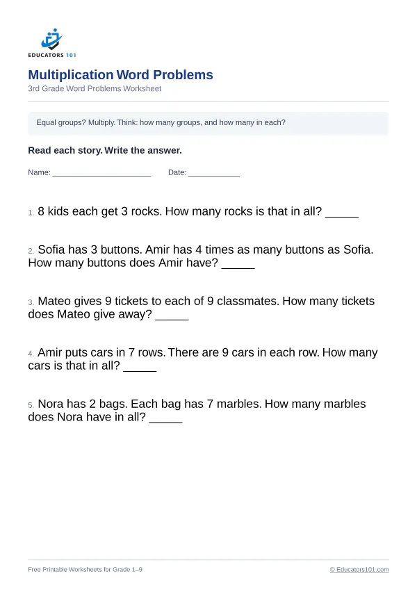 Multiplication Word Problems worksheet 9 — 3rd Grade