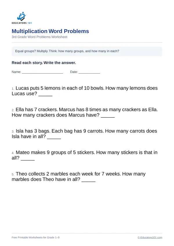 Multiplication Word Problems worksheet 10 — 3rd Grade