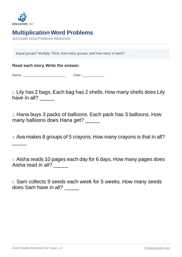 Multiplication Word Problems worksheet 11 — 3rd Grade