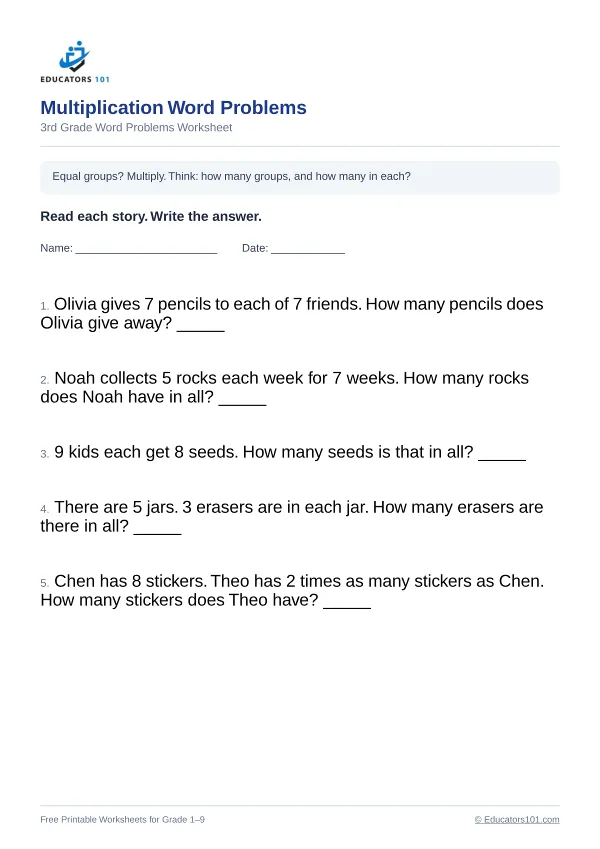 Multiplication Word Problems worksheet 12 — 3rd Grade