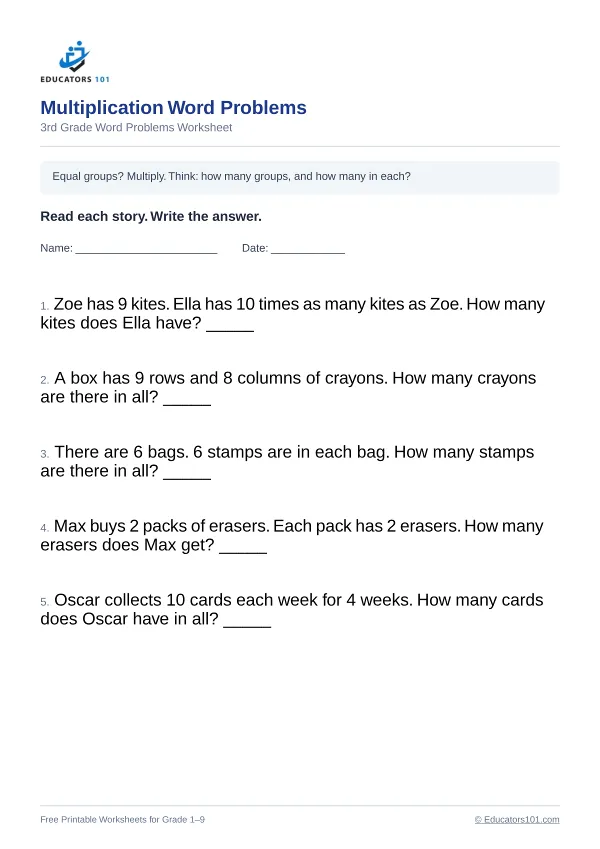 Multiplication Word Problems worksheet 13 — 3rd Grade