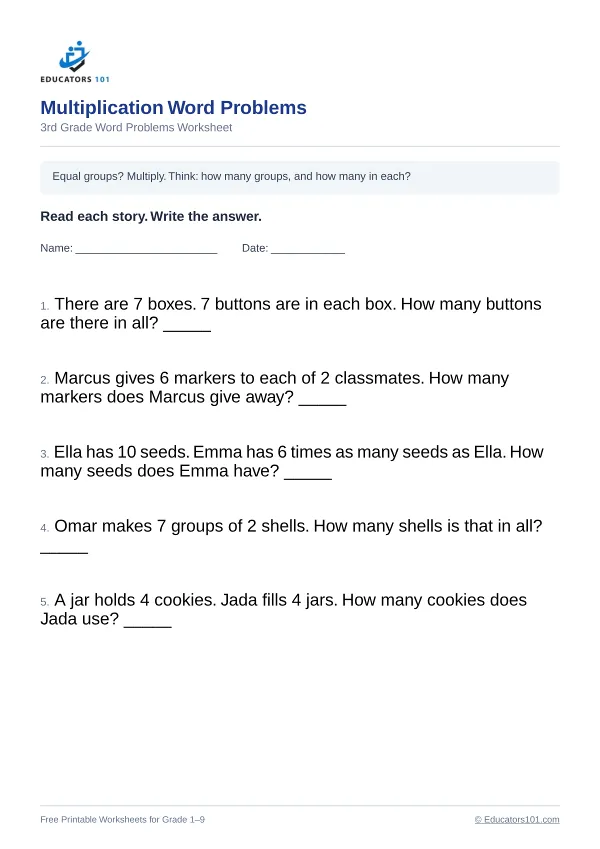 Multiplication Word Problems worksheet 14 — 3rd Grade