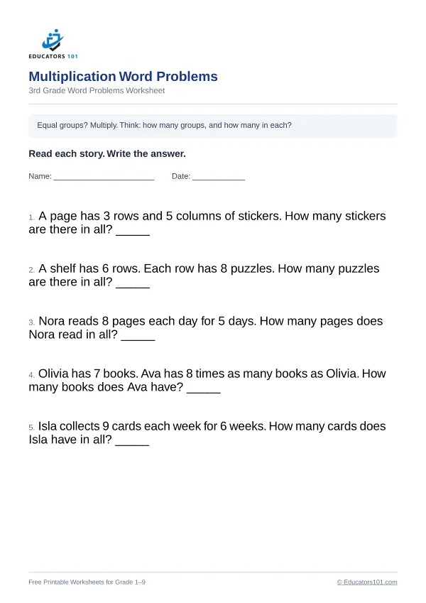 Multiplication Word Problems worksheet 15 — 3rd Grade