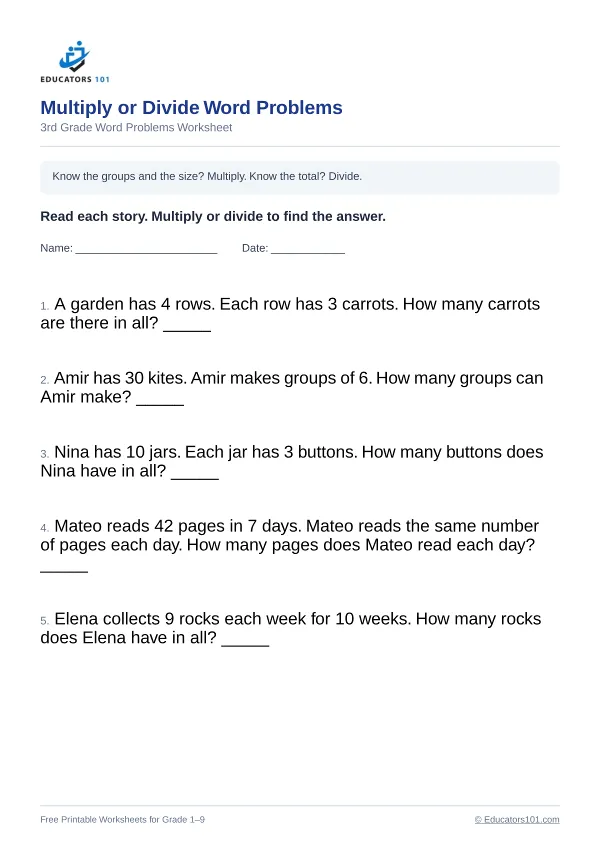Multiply or Divide Word Problems worksheet 1 — 3rd Grade