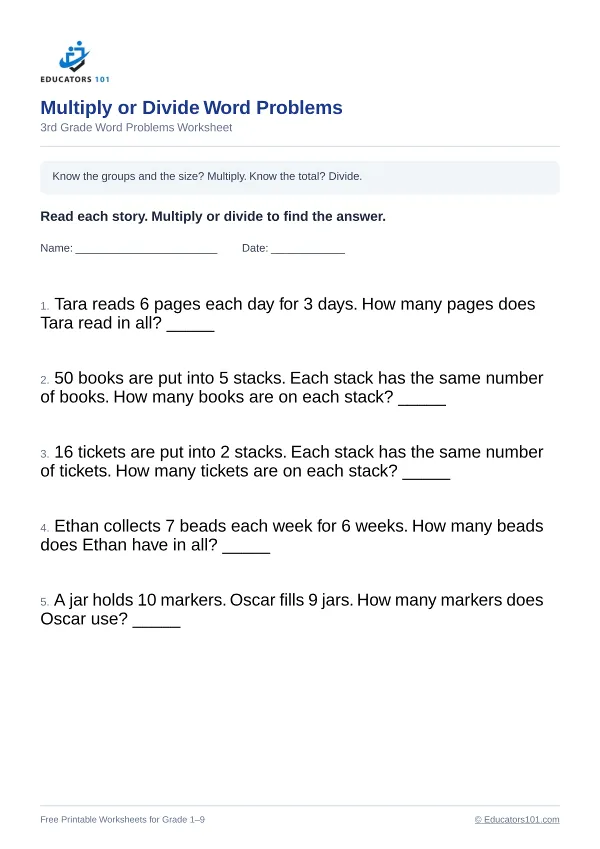 Multiply or Divide Word Problems worksheet 3 — 3rd Grade