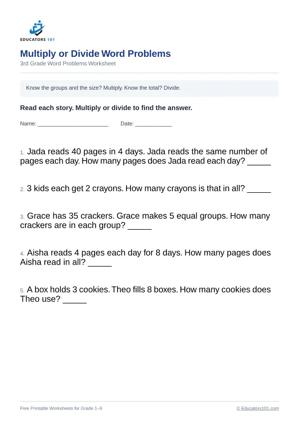 Multiply or Divide Word Problems worksheet 4 — 3rd Grade