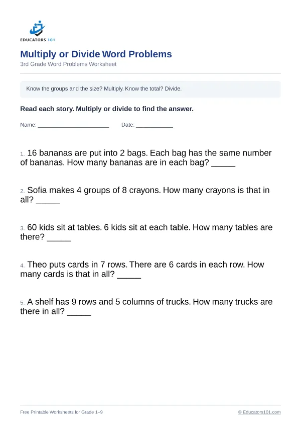 Multiply or Divide Word Problems worksheet 5 — 3rd Grade