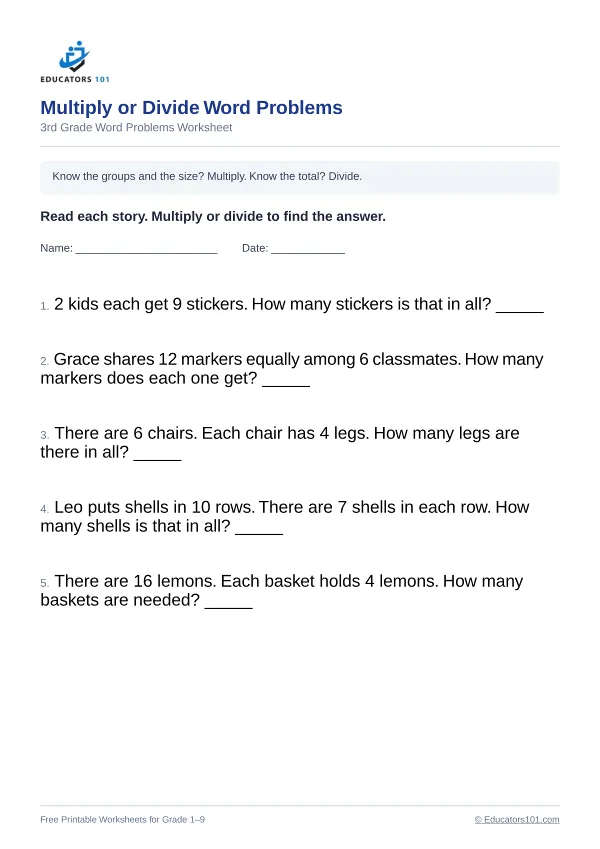 Multiply or Divide Word Problems worksheet 6 — 3rd Grade
