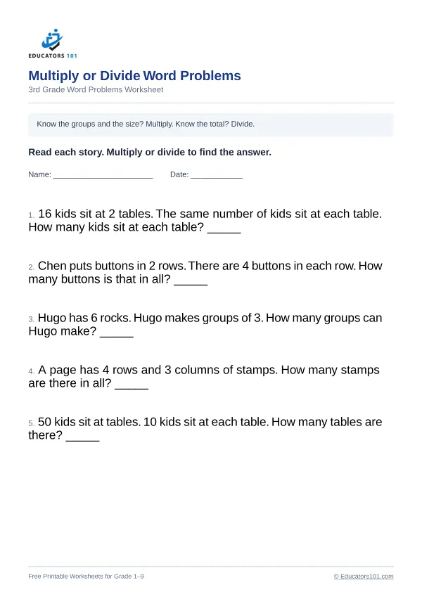 Multiply or Divide Word Problems worksheet 7 — 3rd Grade