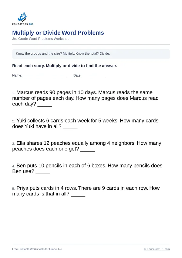 Multiply or Divide Word Problems worksheet 8 — 3rd Grade