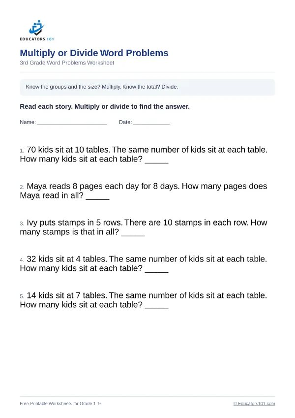 Multiply or Divide Word Problems worksheet 9 — 3rd Grade