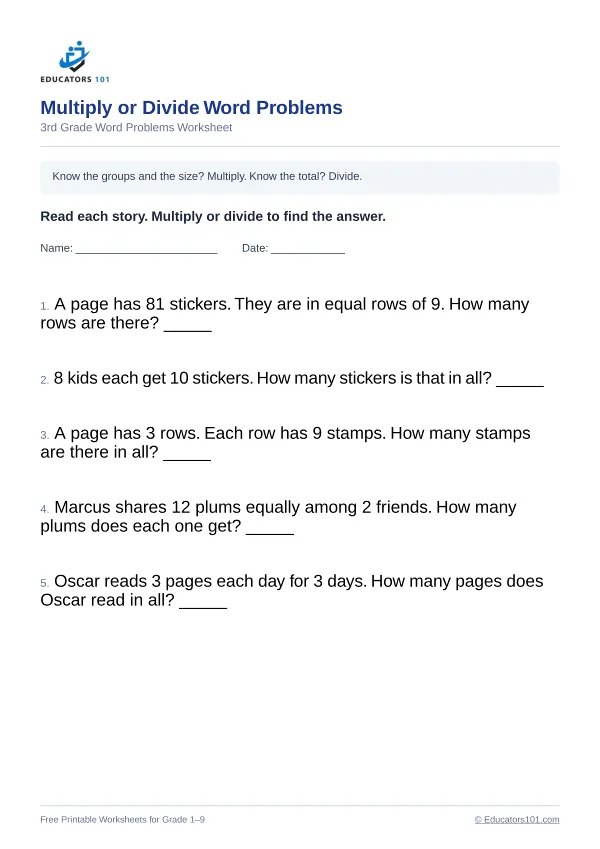 Multiply or Divide Word Problems worksheet 12 — 3rd Grade