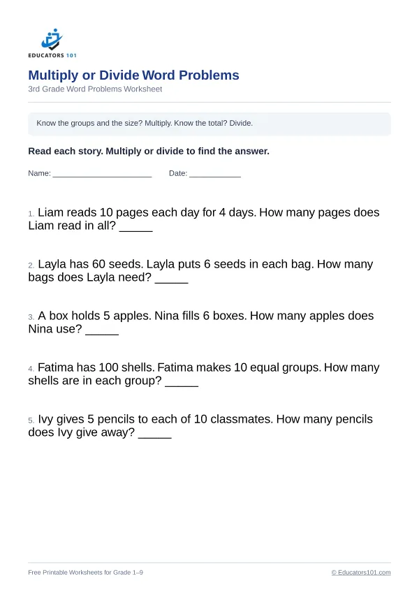 Multiply or Divide Word Problems worksheet 13 — 3rd Grade