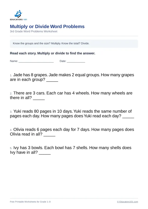 Multiply or Divide Word Problems worksheet 14 — 3rd Grade
