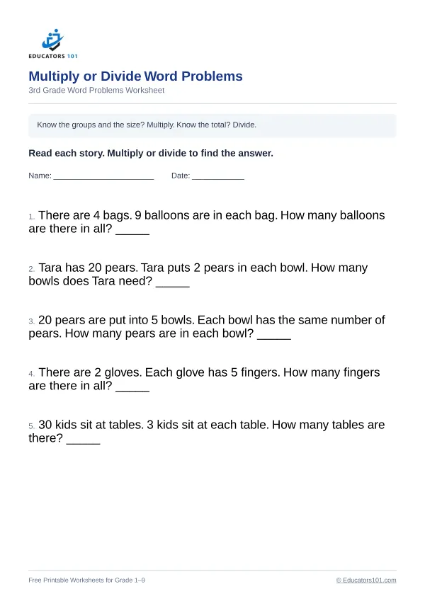 Multiply or Divide Word Problems worksheet 15 — 3rd Grade