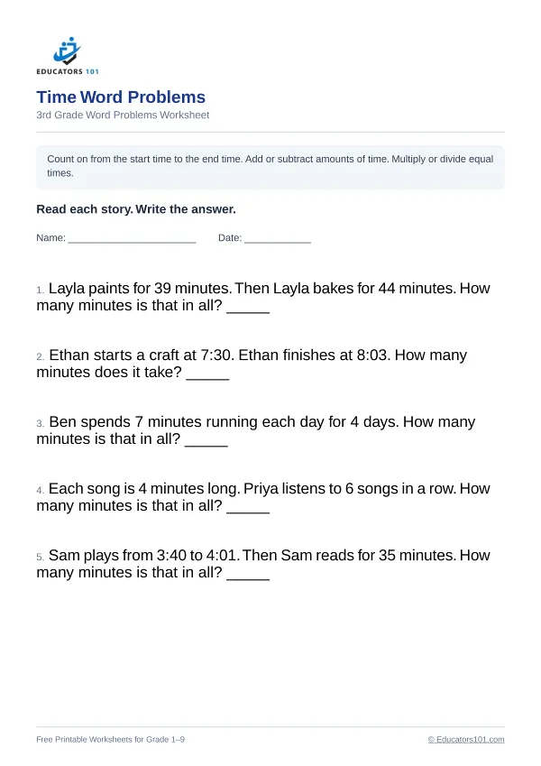 Time Word Problems worksheet 1 — 3rd Grade