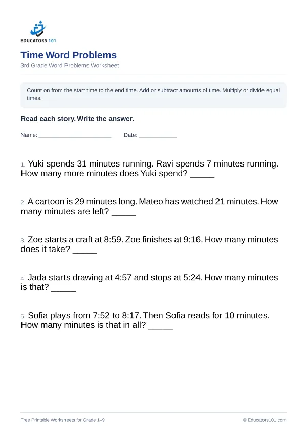 Time Word Problems worksheet 2 — 3rd Grade