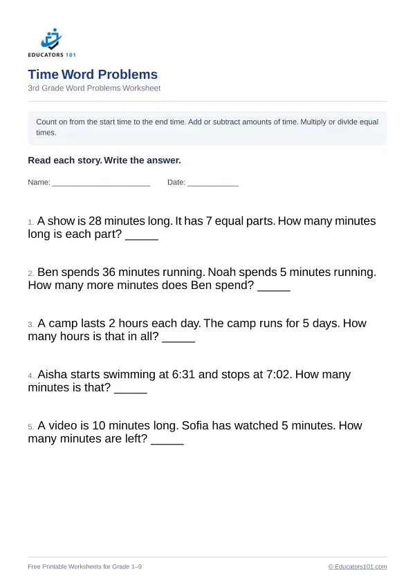 Time Word Problems worksheet 3 — 3rd Grade