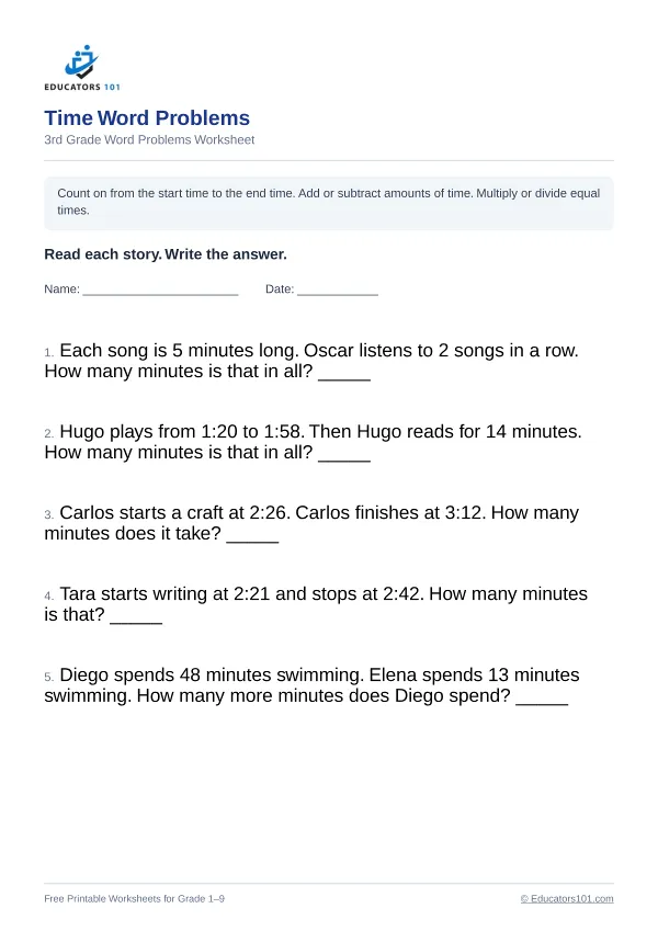 Time Word Problems worksheet 4 — 3rd Grade