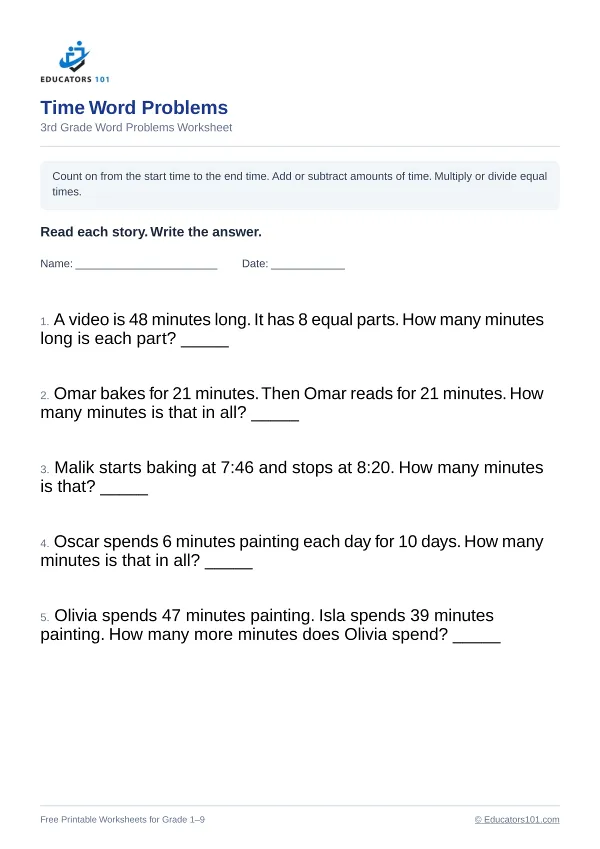 Time Word Problems worksheet 5 — 3rd Grade