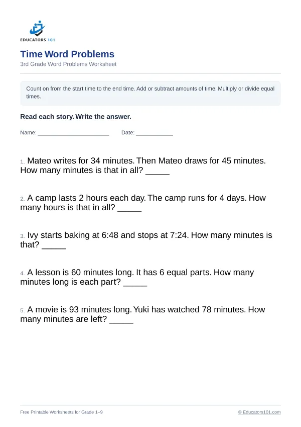Time Word Problems worksheet 6 — 3rd Grade