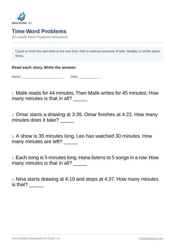 Time Word Problems worksheet 7 — 3rd Grade