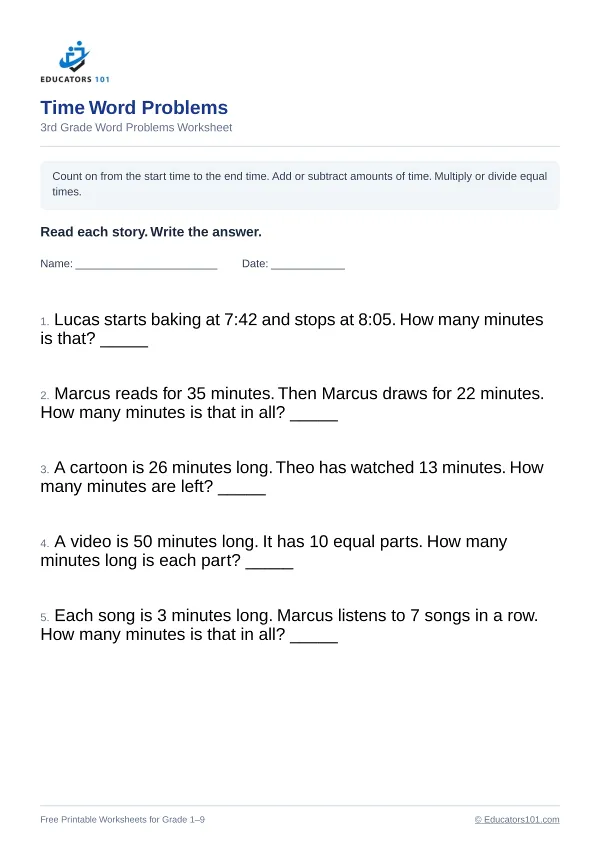 Time Word Problems worksheet 8 — 3rd Grade