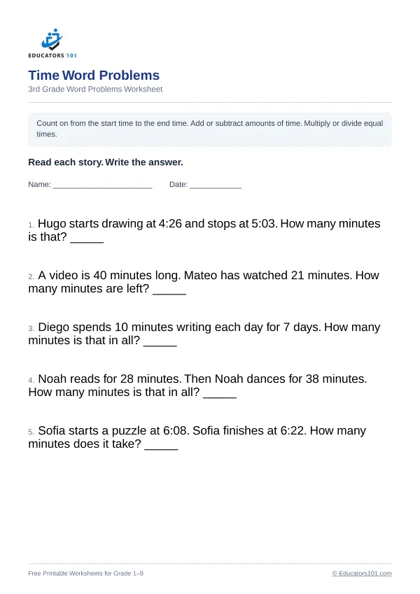 Time Word Problems worksheet 11 — 3rd Grade