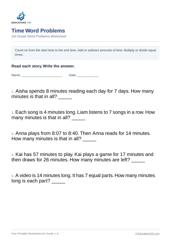 Time Word Problems worksheet 12 — 3rd Grade