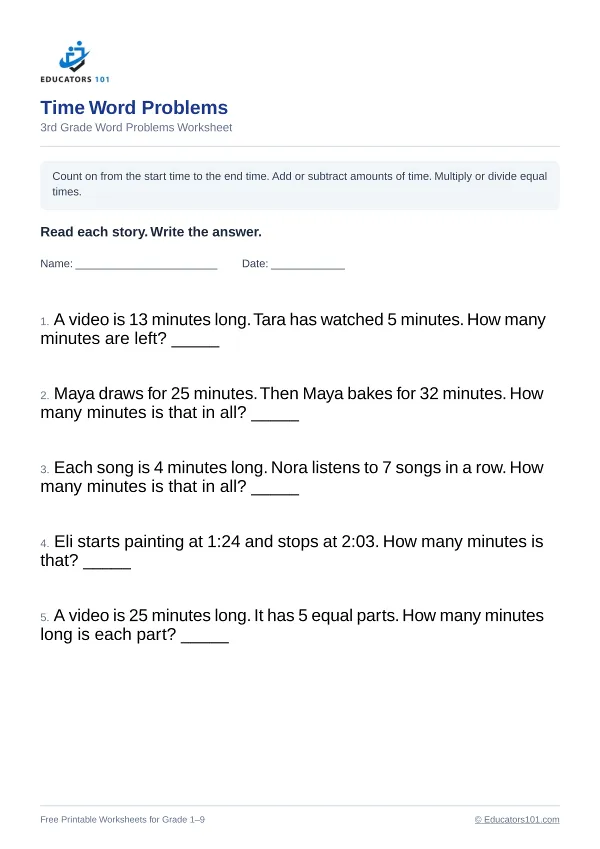 Time Word Problems worksheet 13 — 3rd Grade