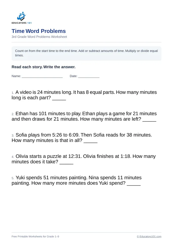 Time Word Problems worksheet 14 — 3rd Grade