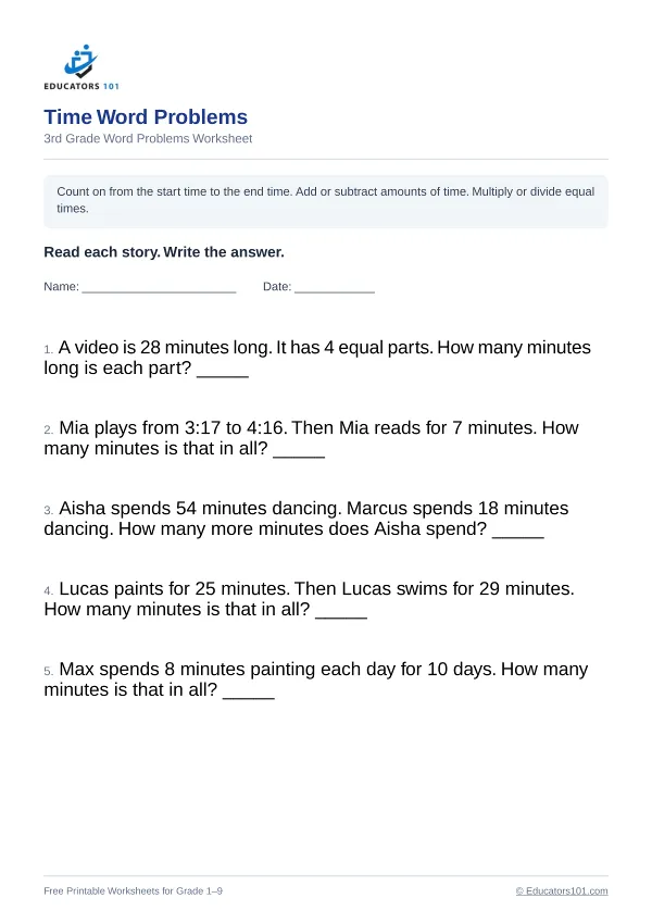 Time Word Problems worksheet 15 — 3rd Grade