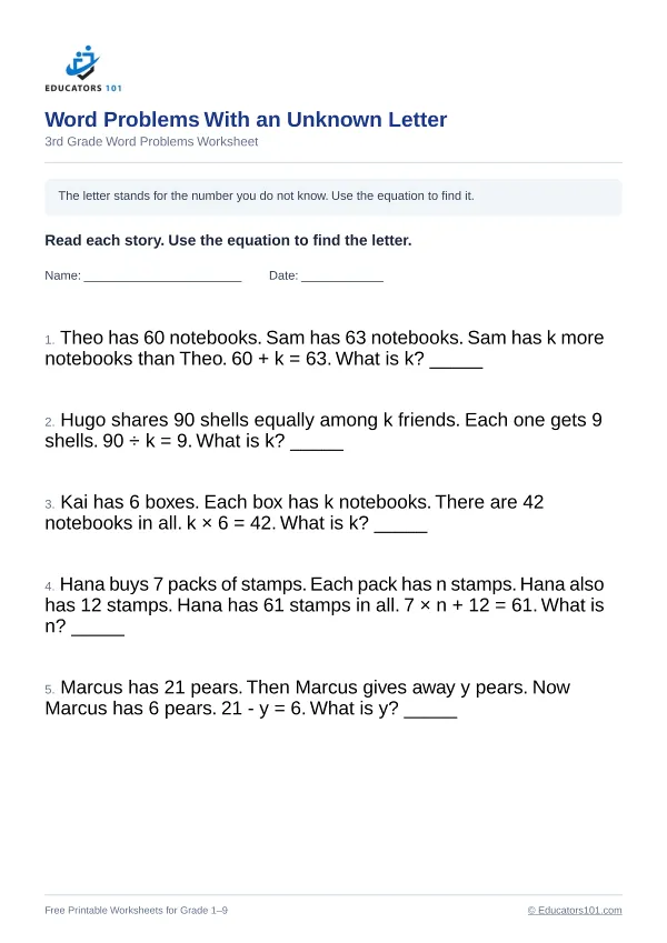 Word Problems With an Unknown Letter worksheet 2 — 3rd Grade