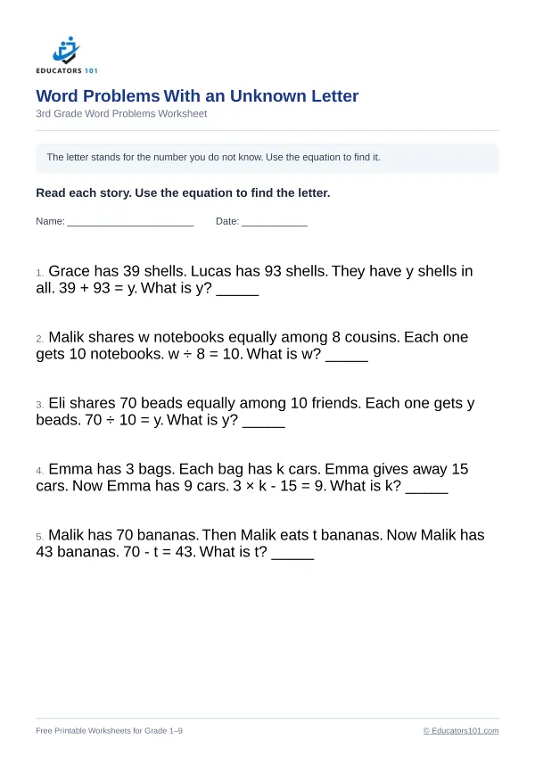 Word Problems With an Unknown Letter worksheet 3 — 3rd Grade