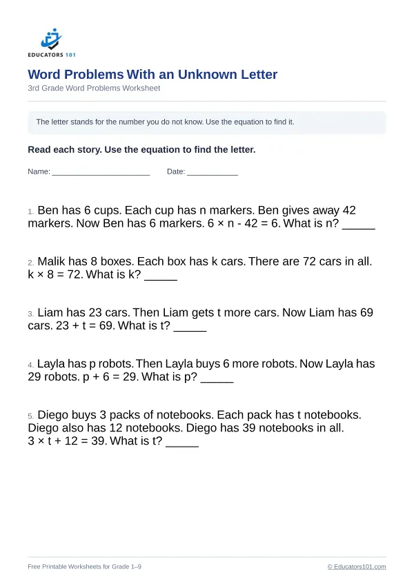 Word Problems With an Unknown Letter worksheet 5 — 3rd Grade